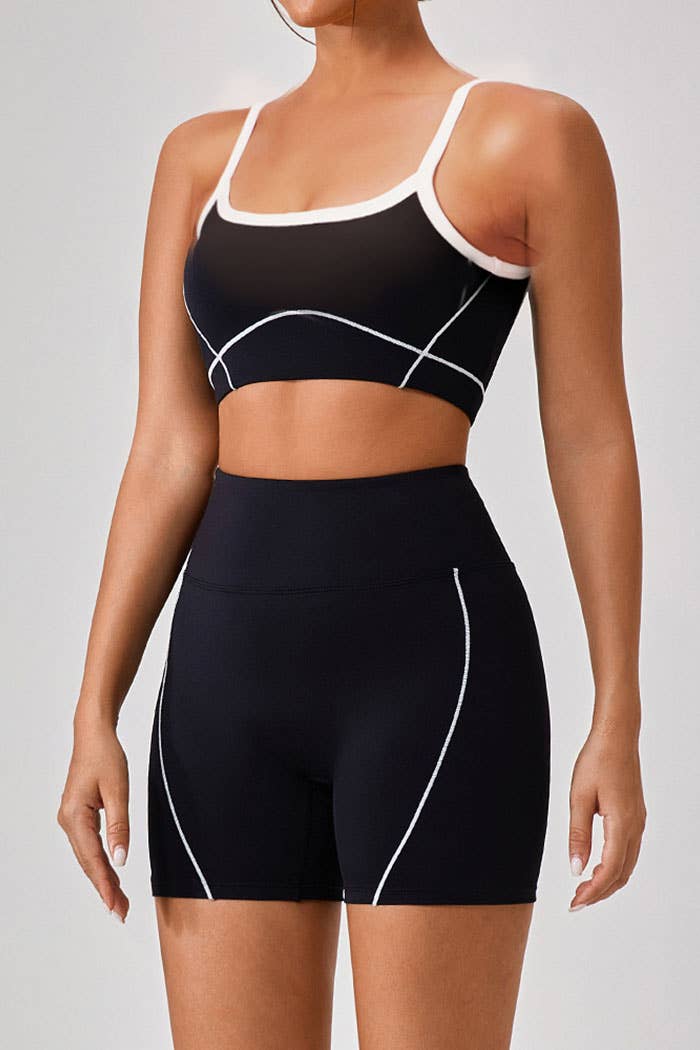Premium active wear white contrast crop top with shorts set: Black