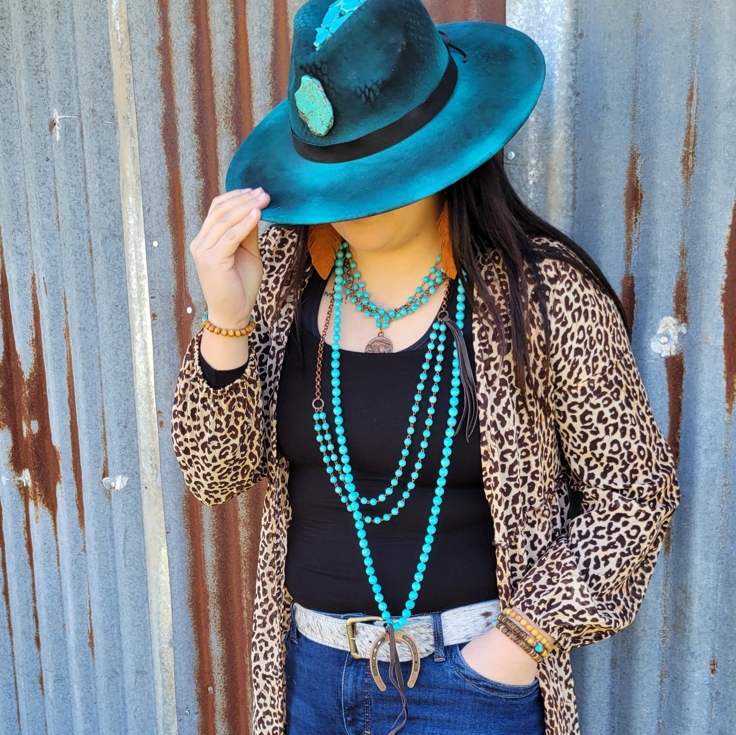 Double Strand Blue Turquoise Beaded Necklace, Leather Tassel