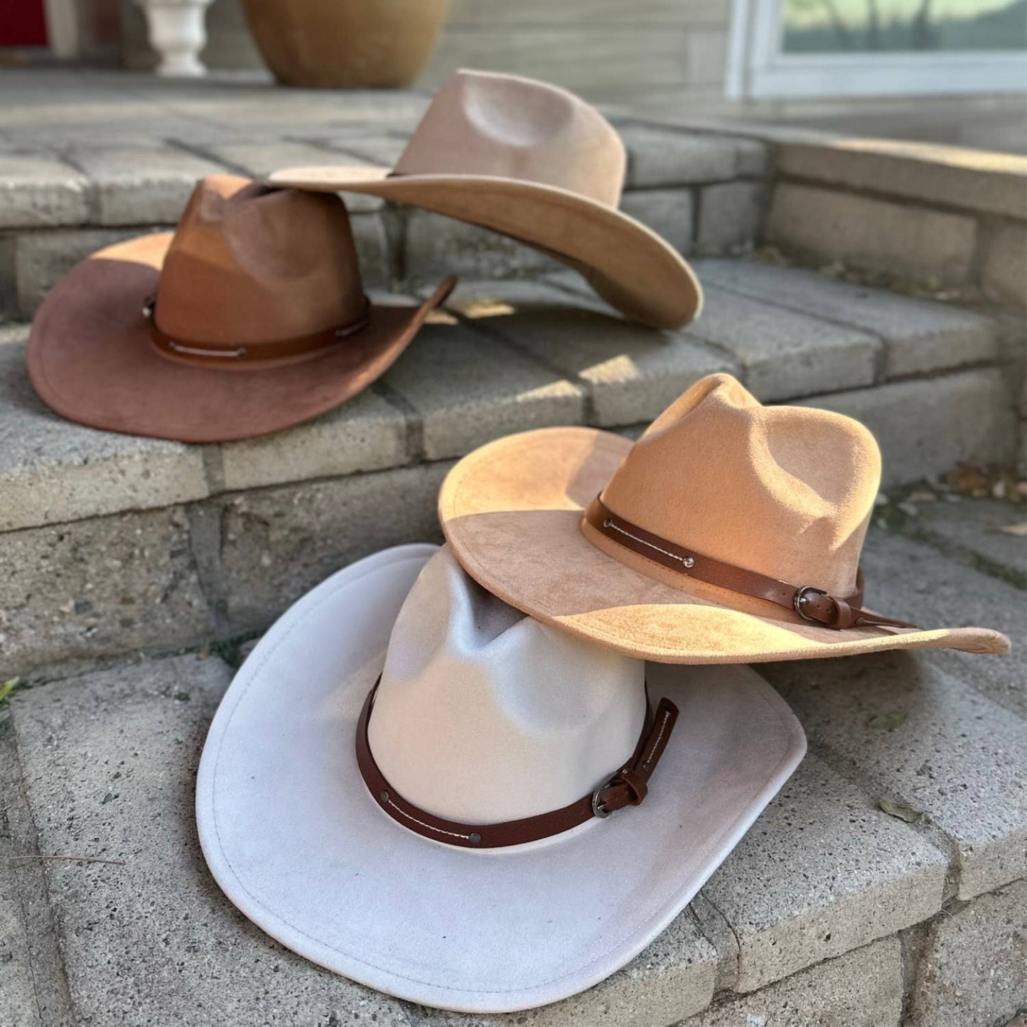Vegan Suede Cowboy hat stiff Brim W/ Leather  Belt: CARAMEL / ONE SIZE