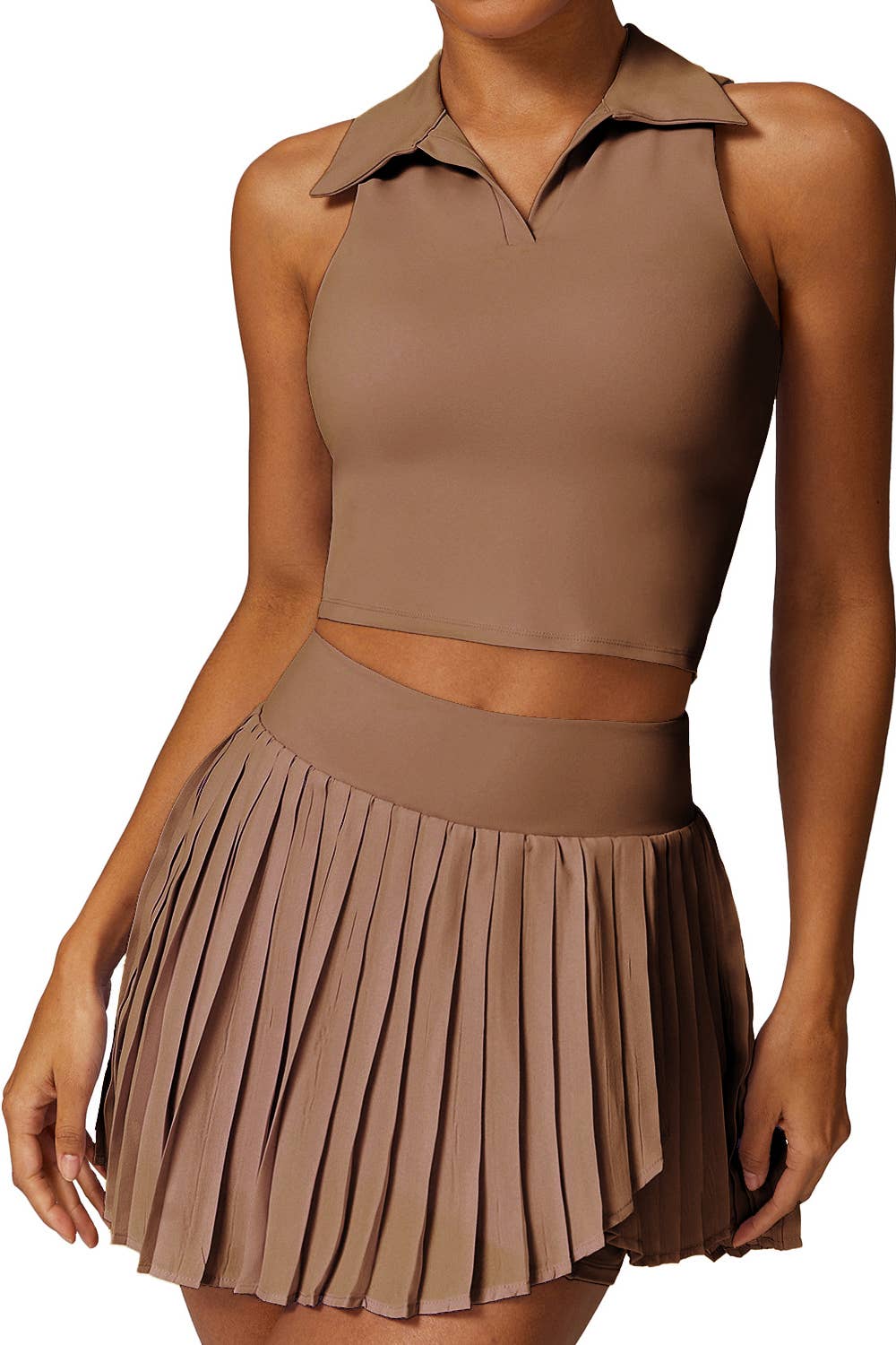 Premium solid color crop polo shirt with pleated skort set (Copy): Ivory