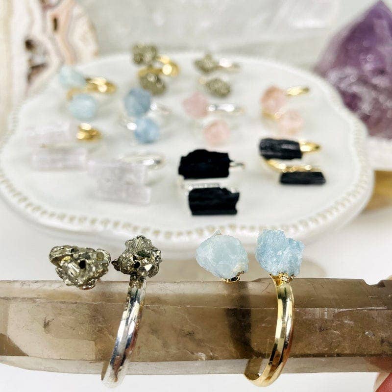 Assorted Double Crystal Rings - Aquamarine, Selenite, Quartz: Silver / Aquamarine