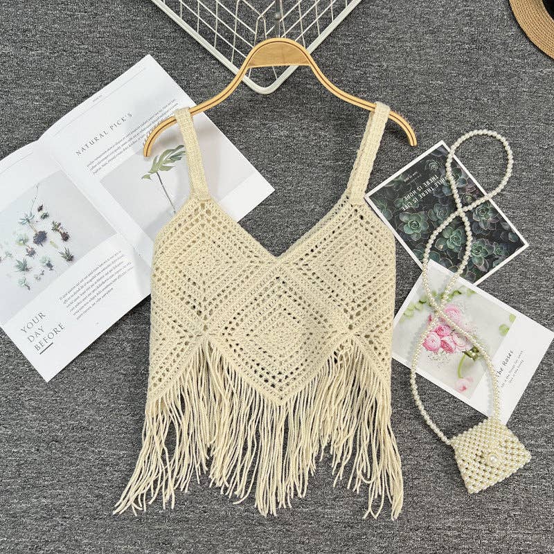 Checkered Bohemian Tassel Camisole: BLACK