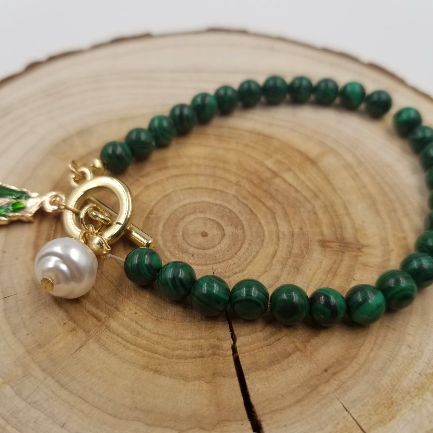 Malachite Leaf Pearl Bracelet