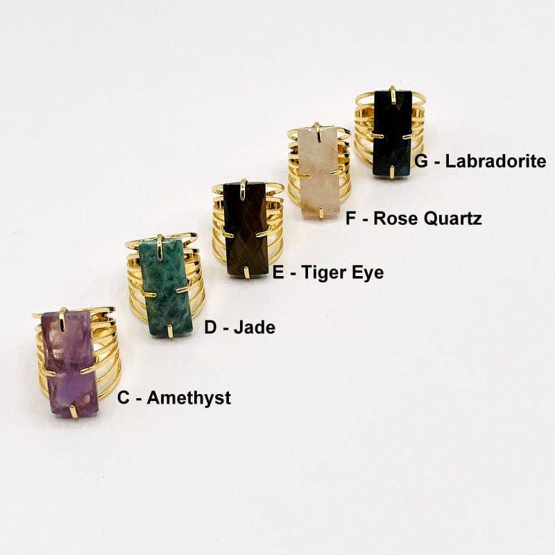 Crystal Rectangle Gemstone Gold-Plated Cigar Ring: D - Jade