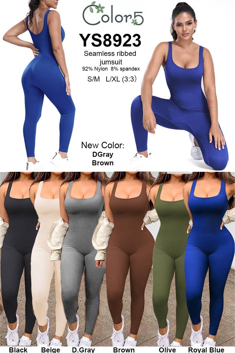 Solid black color seamless ribbed fitted style body jumpsuit: Black