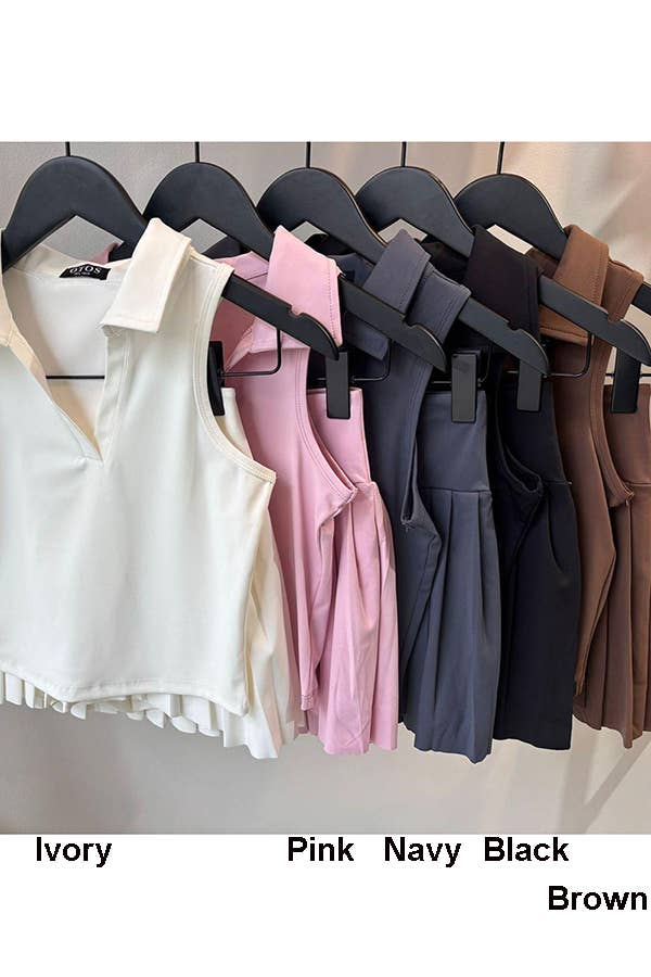 Premium solid color crop polo shirt with pleated skort set (Copy): Ivory