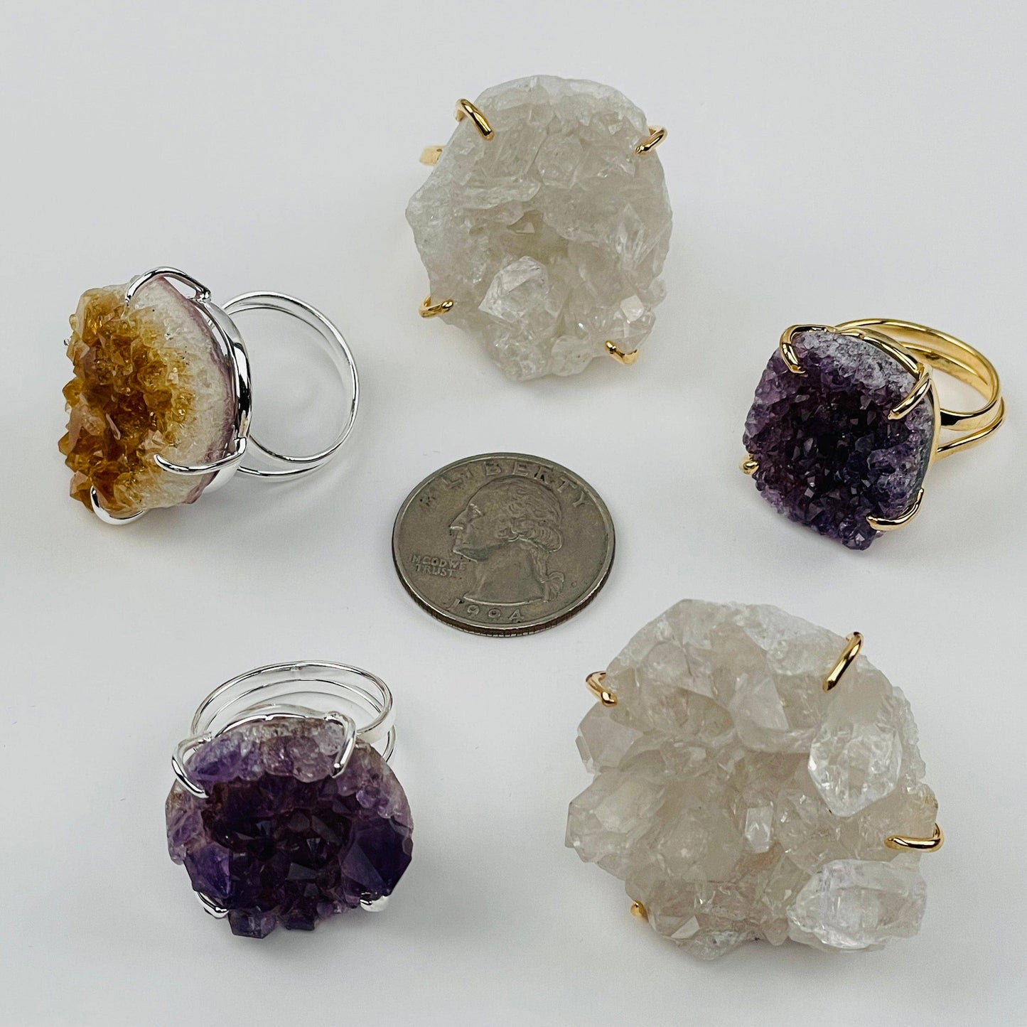 Crystal Cluster Ring Amethyst Citrine Crystal Quartz -: Amethyst / Silver