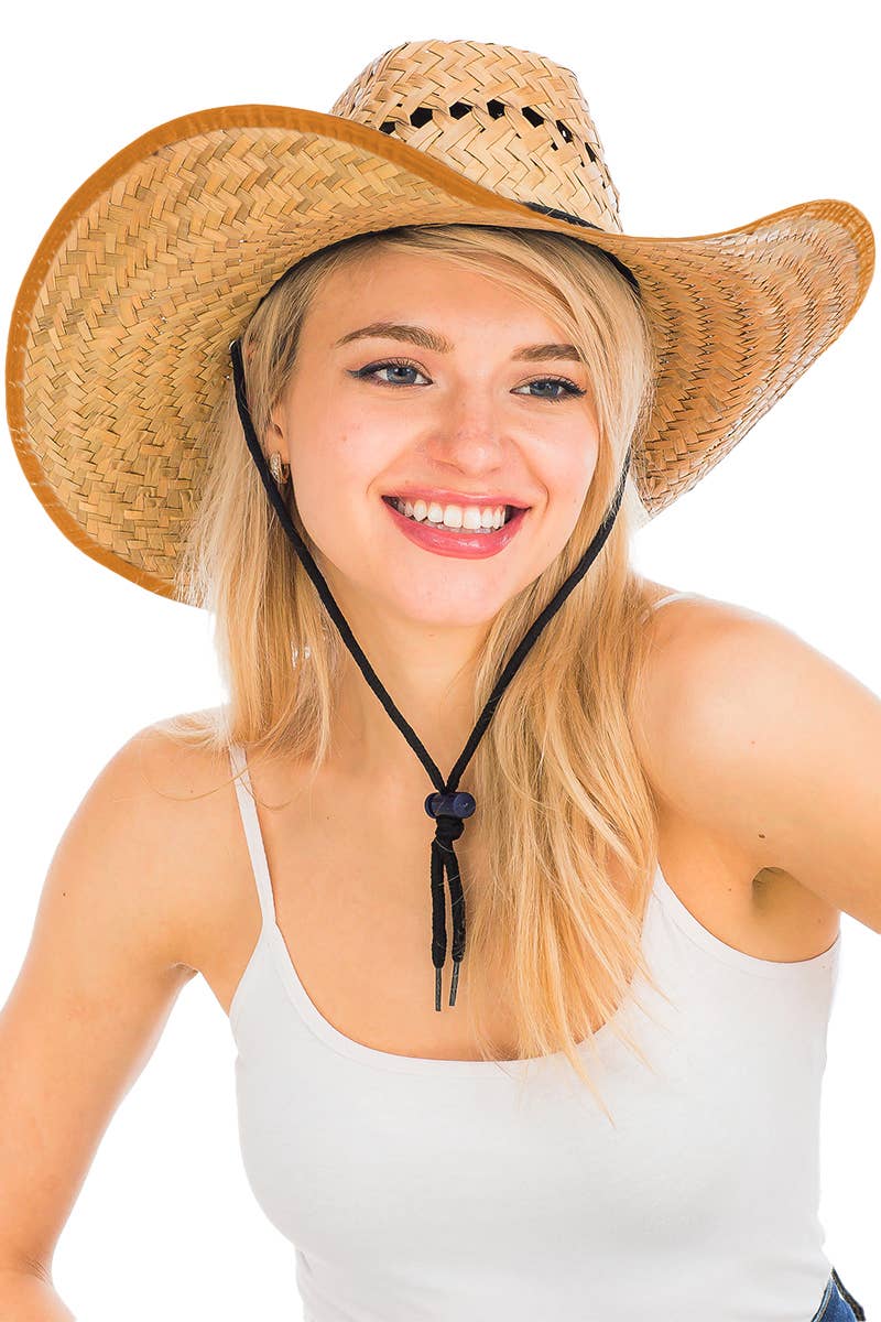 Biggs Crown Stiff Natural Straw Outdoor Cowboy Hat: Tan Trim