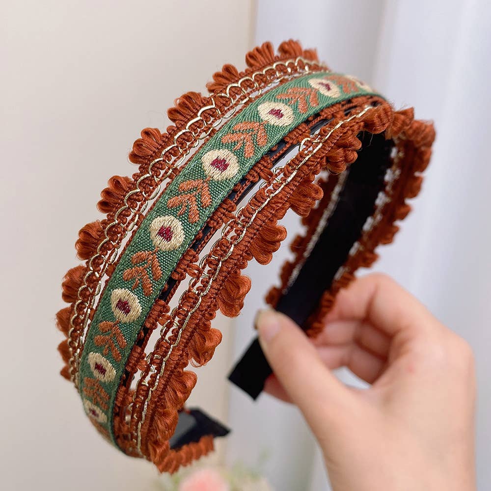 Boho Embroidered Floral Fabric Hair Bands: Black