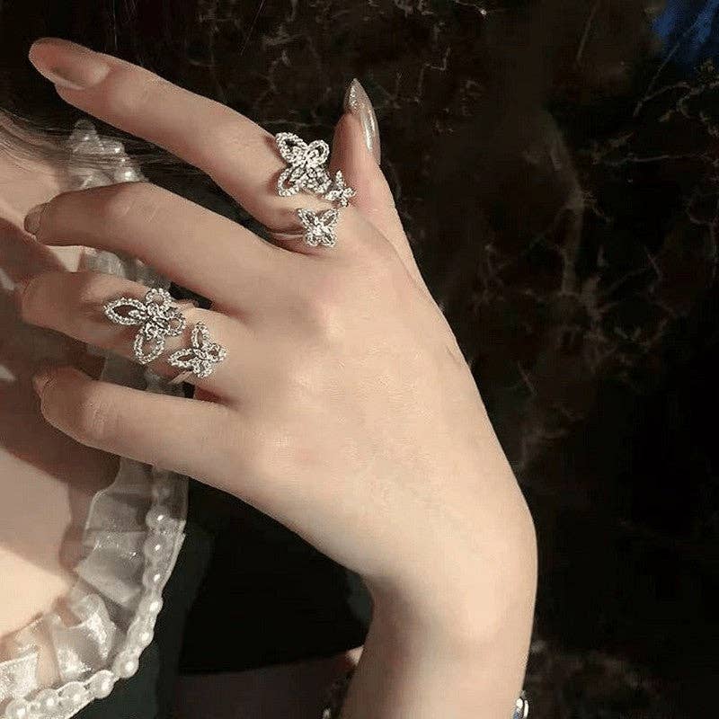 Refined Crystal Butterfly Ring: Silver-Tone / Triple Butterfly Ring / Adjustable