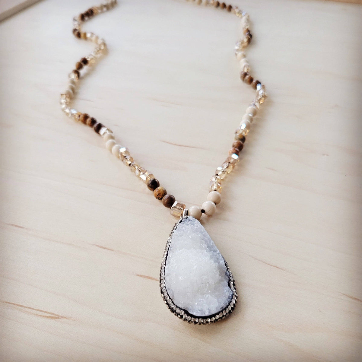 **Picture Jasper Beaded Necklace w/ Druzy Pendant