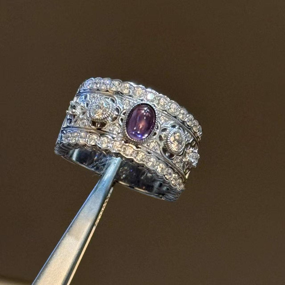 Refined Statement Ring: Silver-Tone / Purple Gemstone Texture Ring / Adjustable
