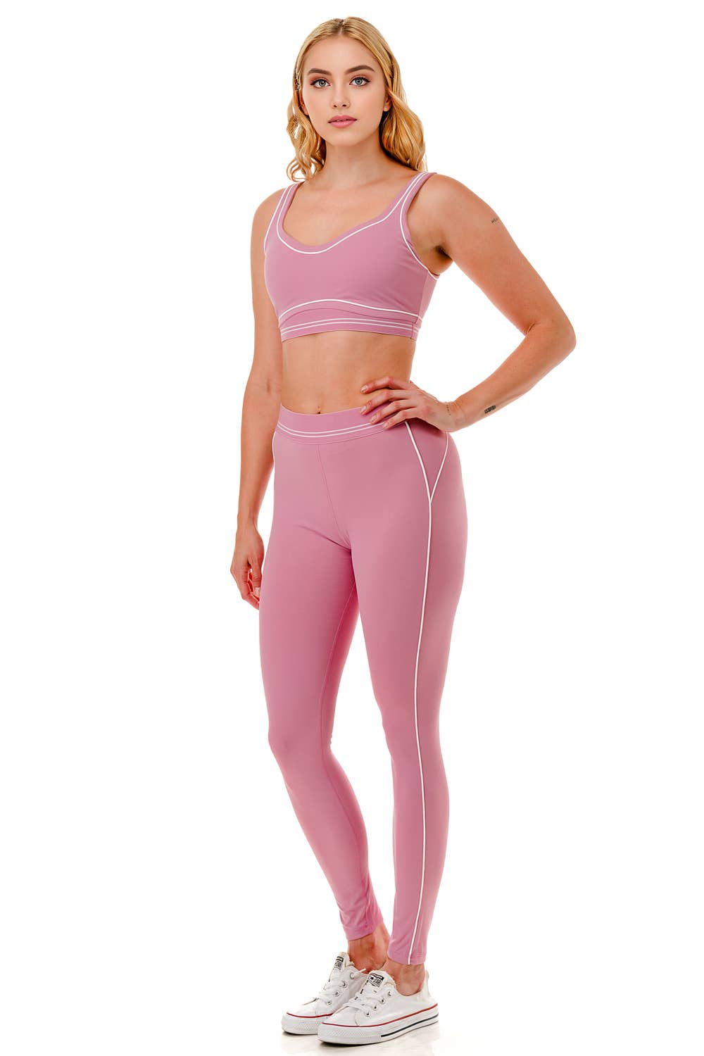 Premium sports bra with matching white trim line legging set: Black