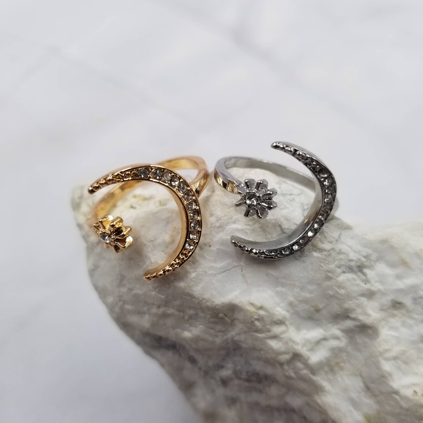 Crystal Moon and Stars Open Ring: Silver