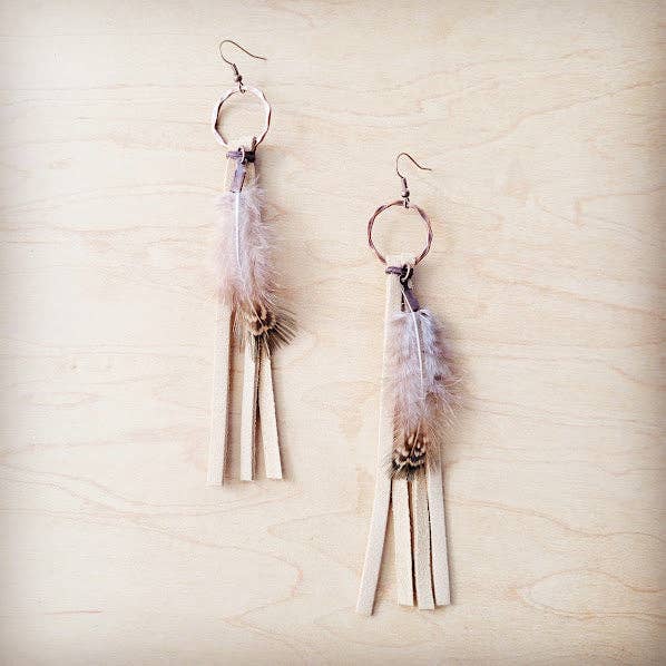 Boho Bone Deer Skin Leather Tassel Earring-Brown Feather 217r: Multi