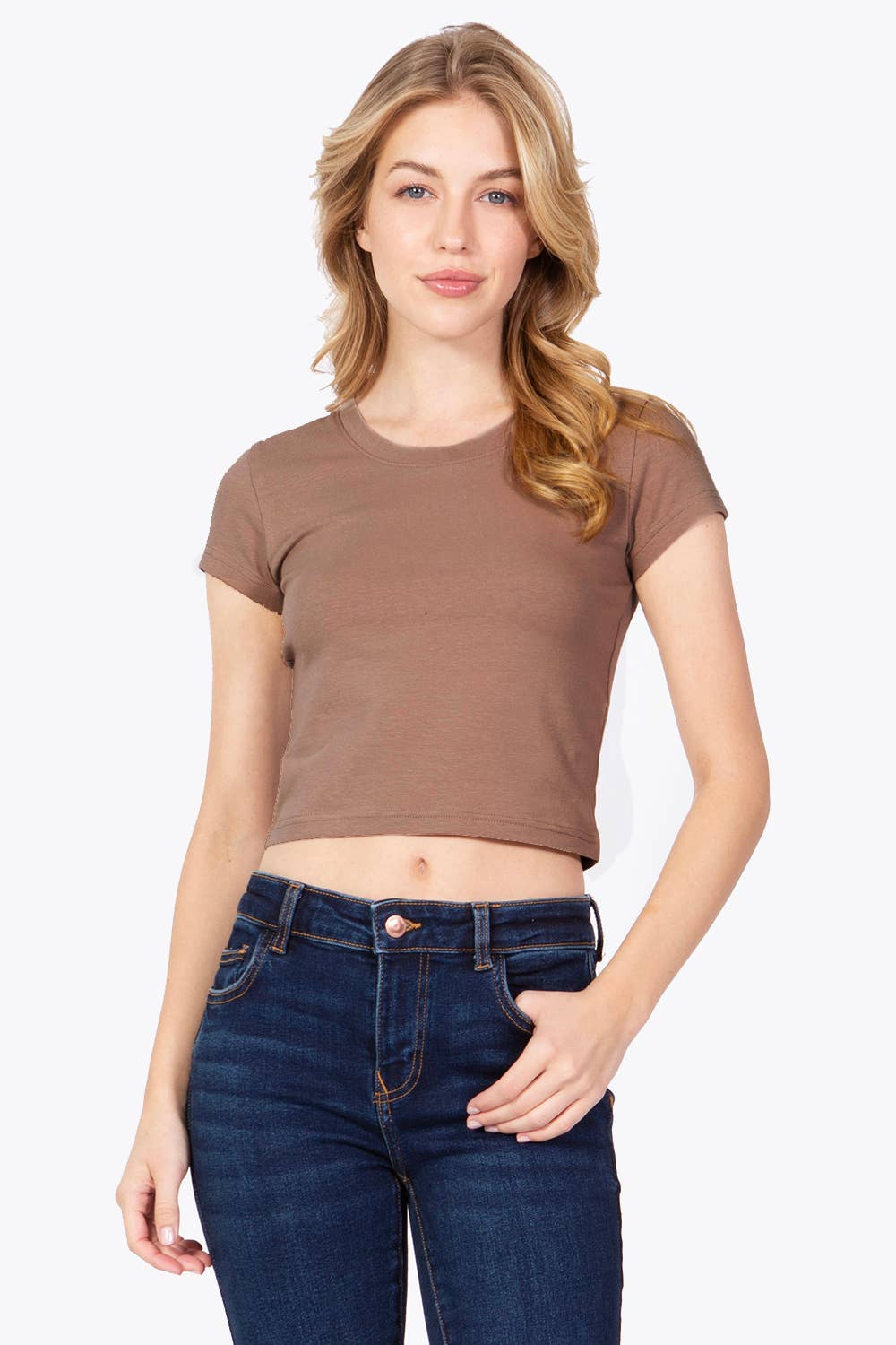 Basic cotton spandex crew neck short sleeve crop t shirt : Green