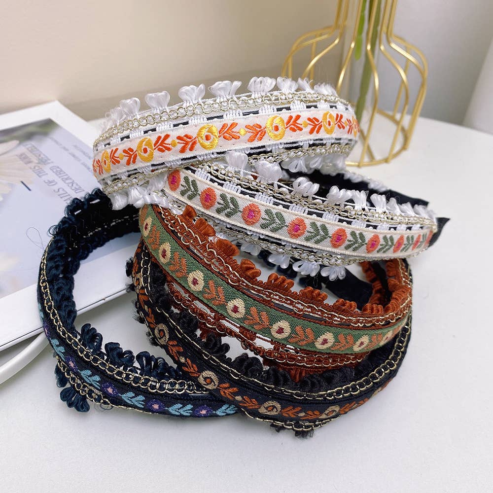 Boho Embroidered Floral Fabric Hair Bands: Black