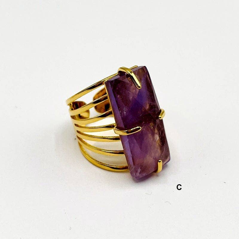 Crystal Rectangle Gemstone Gold-Plated Cigar Ring: C - Amethyst