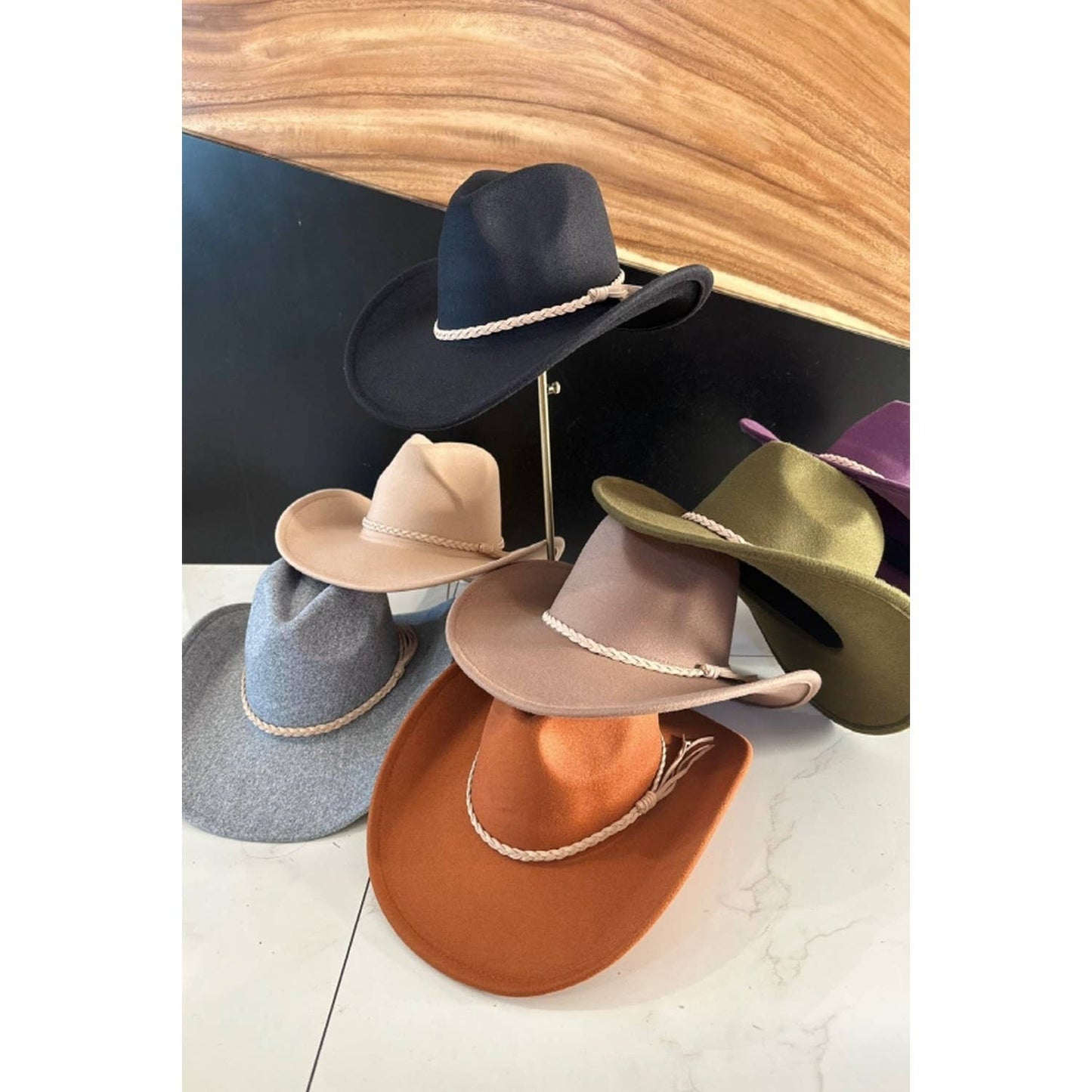 VEGAN FELT COWBOY HAT with Suede Belt: Plum / ONE SIZE