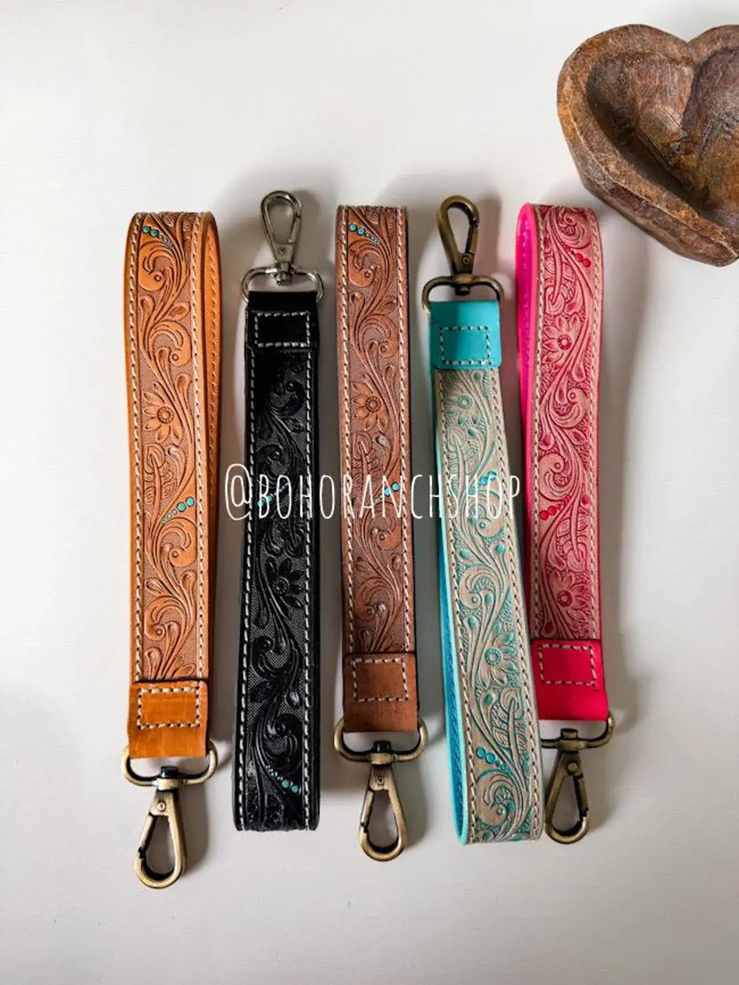Hand Tooled Leather Keychain - Key Fob: SKINNY - TAN