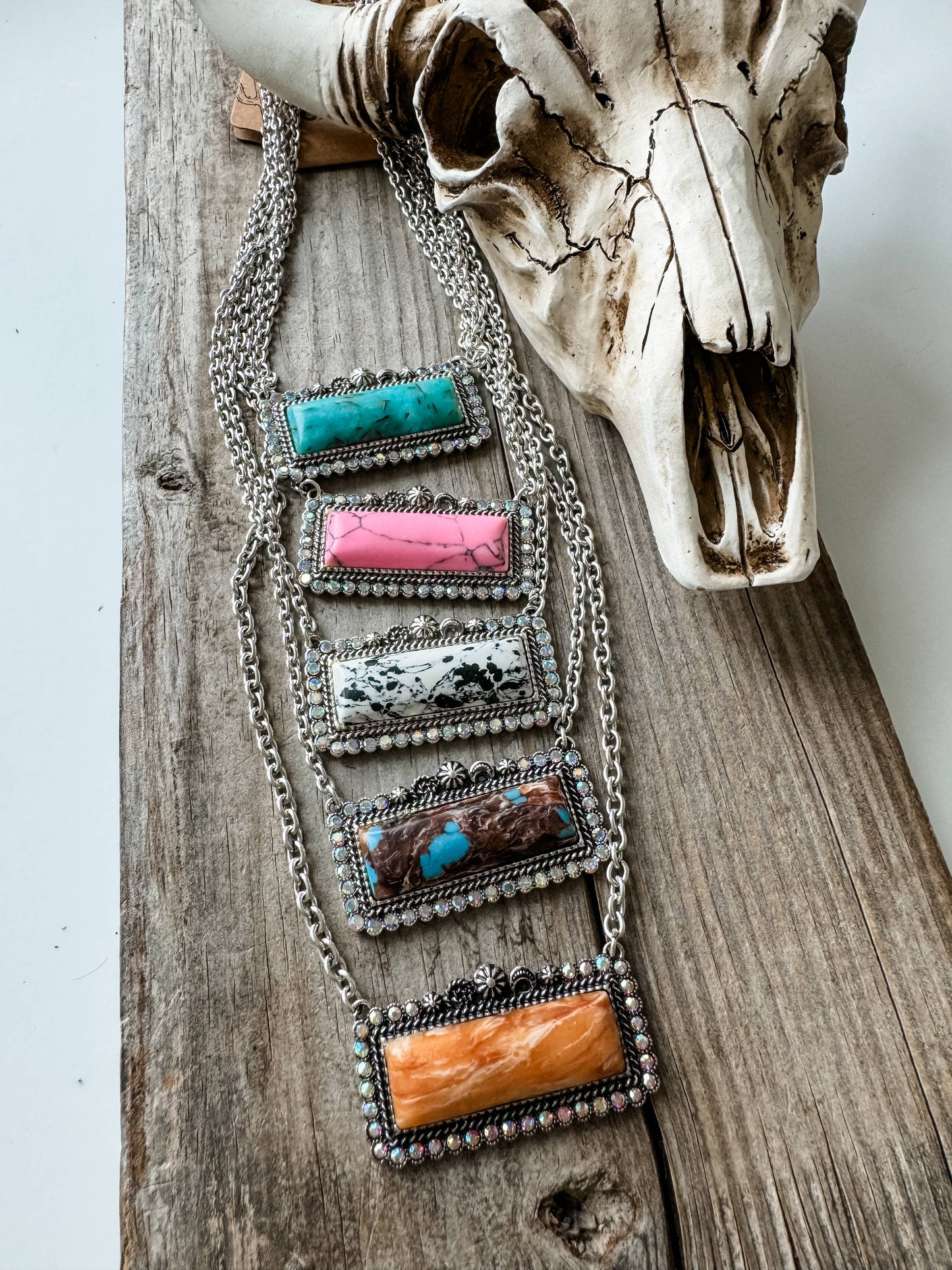 Western Semi Stone Bar Necklace - with Rhinestone edge: TURQUOISE