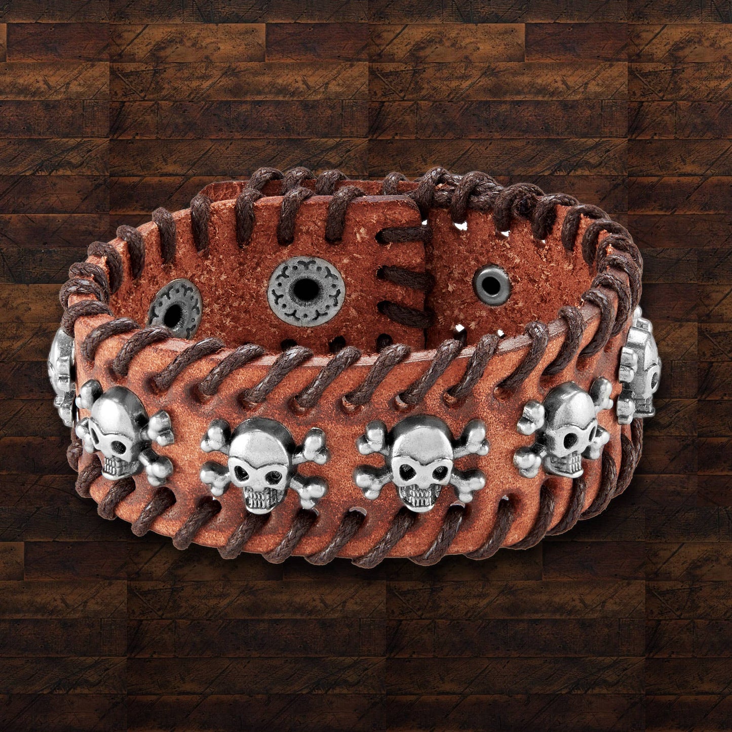 Stitched Edges Skull Studs Brown Leather Cuff Bracelet