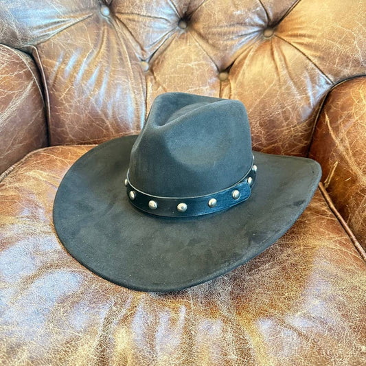 Vegan suede cattleman cowboy hat With Steard Leather belt st: BLACK / ONE SIZE