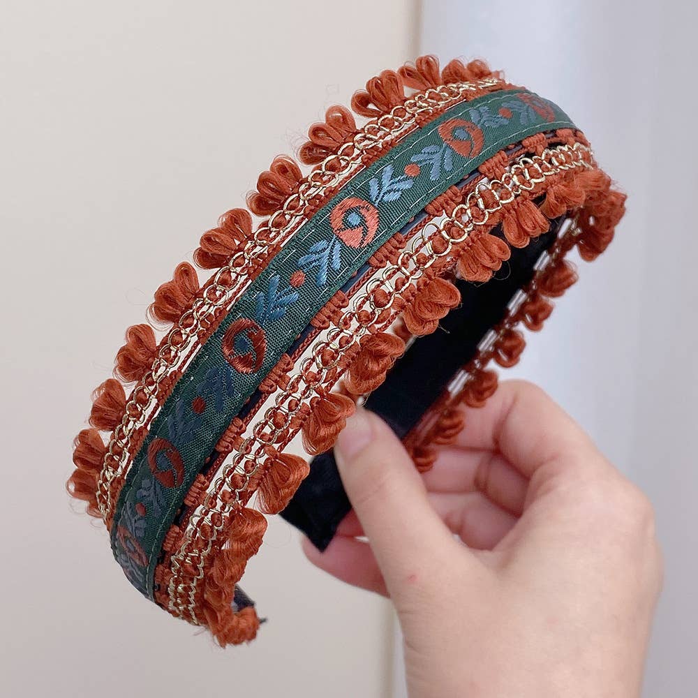 Boho Embroidered Floral Fabric Hair Bands: Black