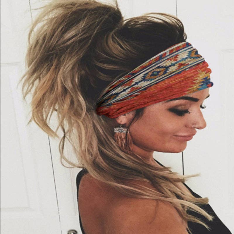 Ethnic Vintage Wide Print Sports Headband: Date_Red