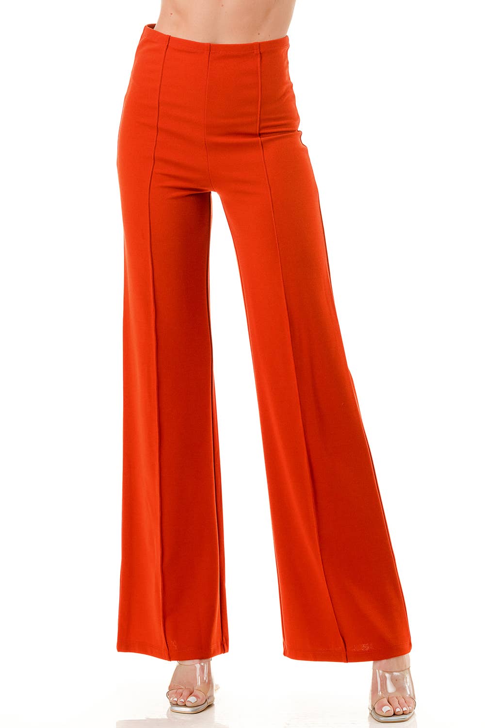 Solid color wide leg high waist dressy pants with trim line: Rust