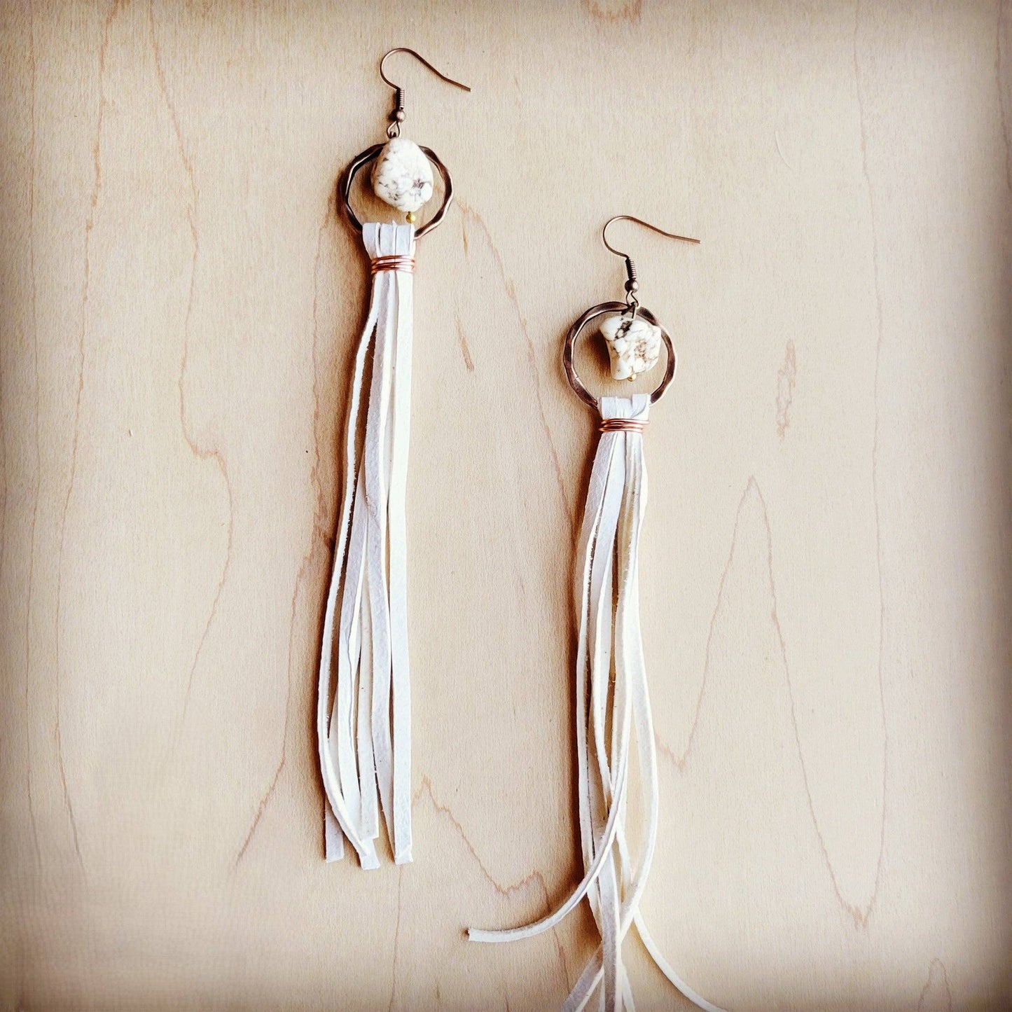 Turquoise Drop Earrings w/ Cream Leather Tassel 207v: Cream