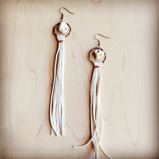 Turquoise Drop Earrings w/ Cream Leather Tassel 207v: Cream