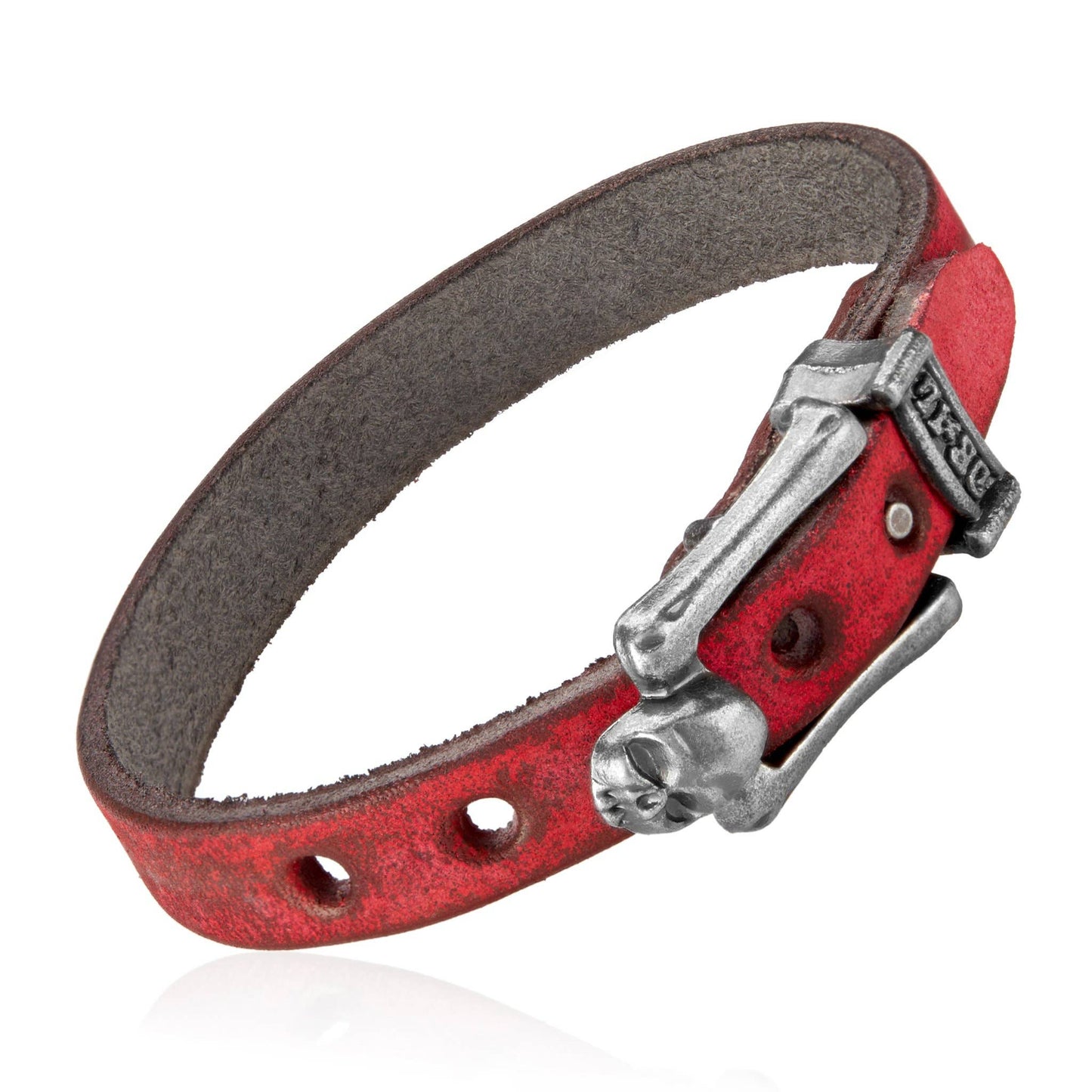 Men's Leather Skull Buckle Bracelet: Red