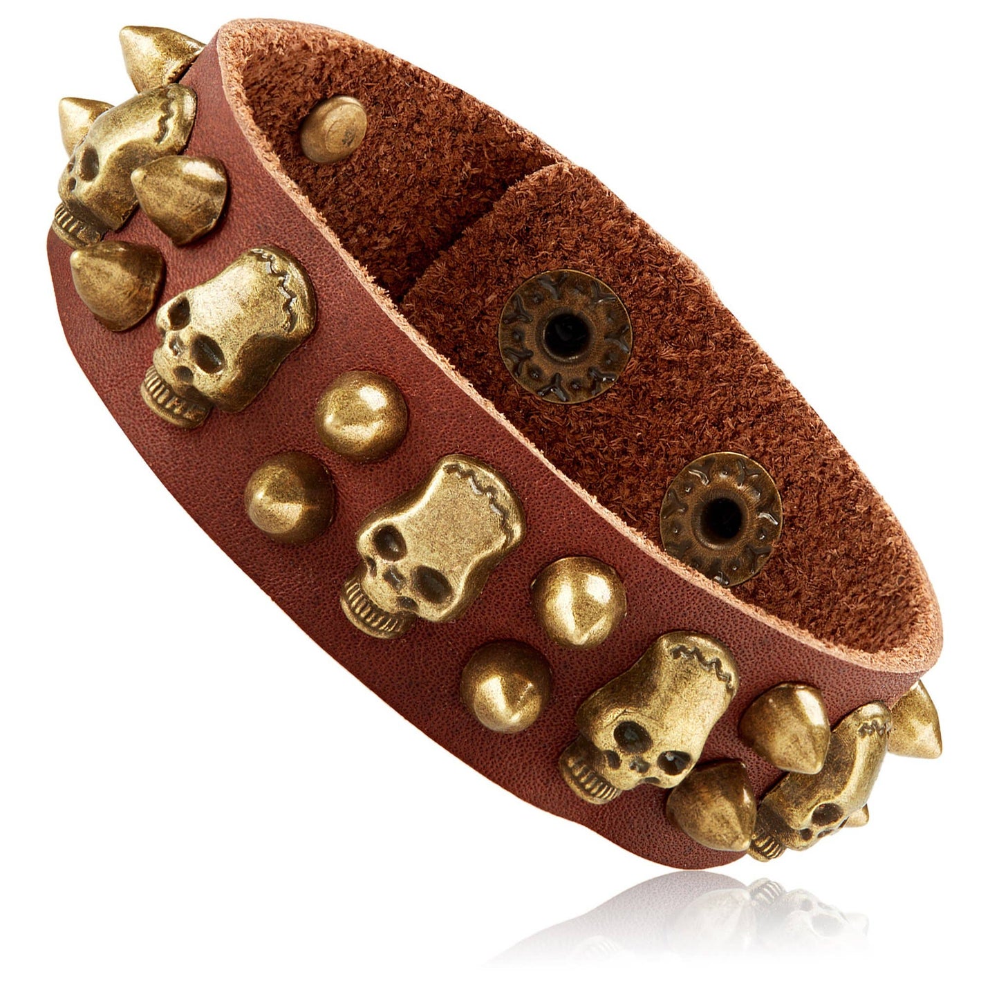 Skull and Bullet Studs Brown Leather Cuff Bracelet
