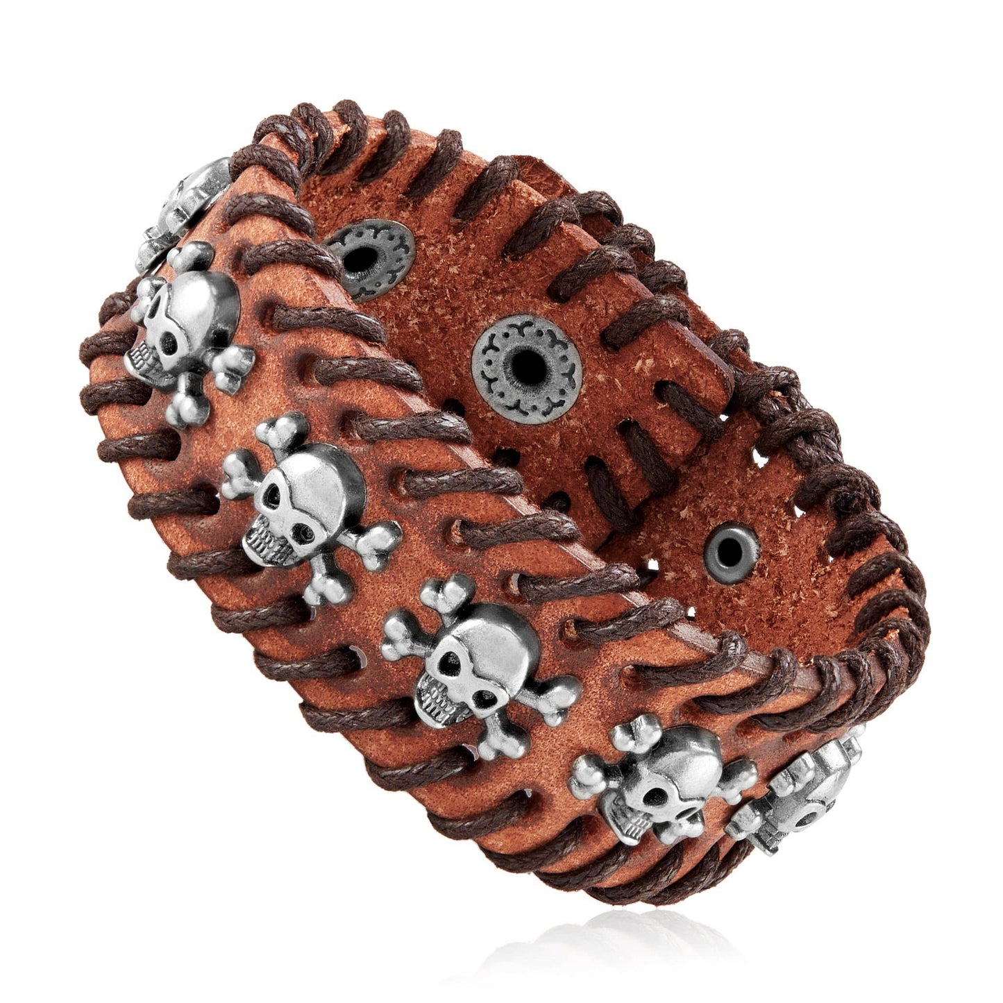 Stitched Edges Skull Studs Brown Leather Cuff Bracelet