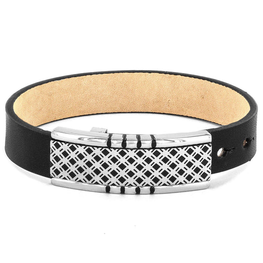 Lattice Buckle Clasp Black Leather Bracelet