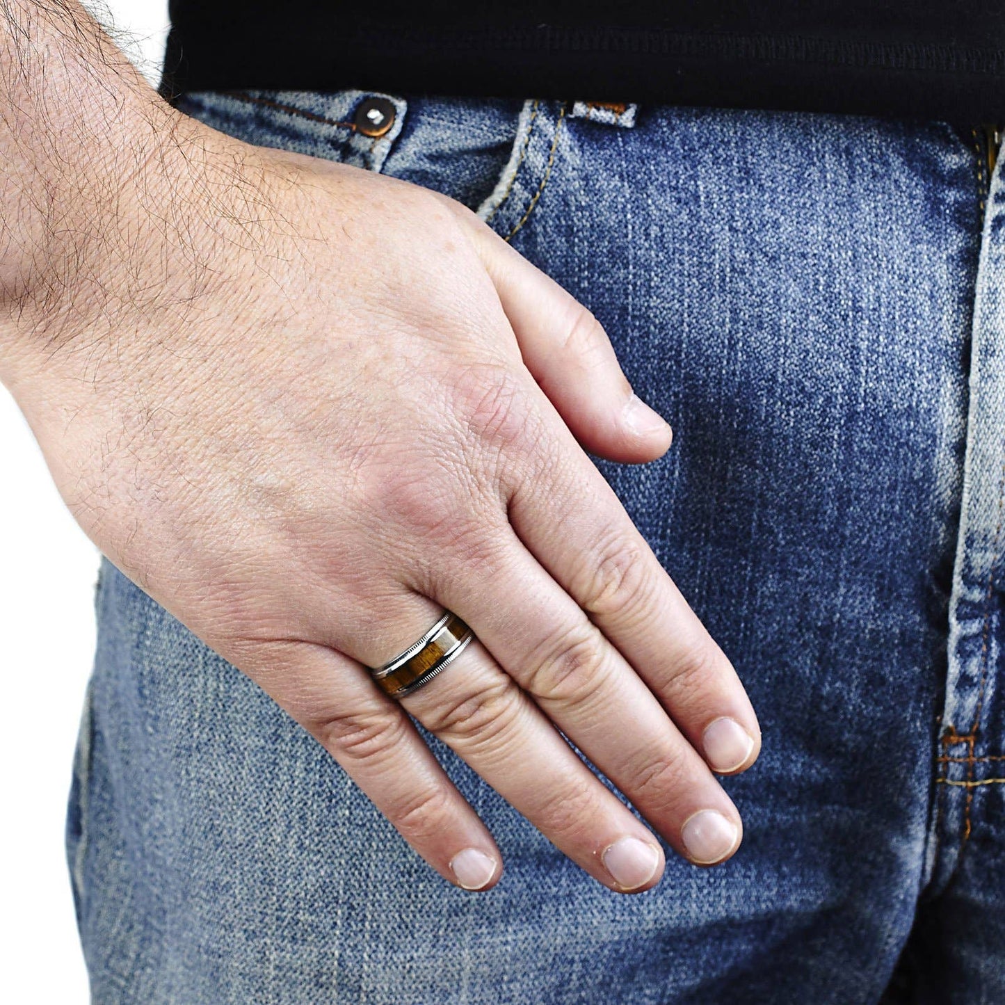 Wood Inlay Ridged Edge Stainless Steel Band Ring: 9