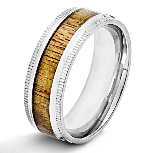 Wood Inlay Ridged Edge Stainless Steel Band Ring: 8