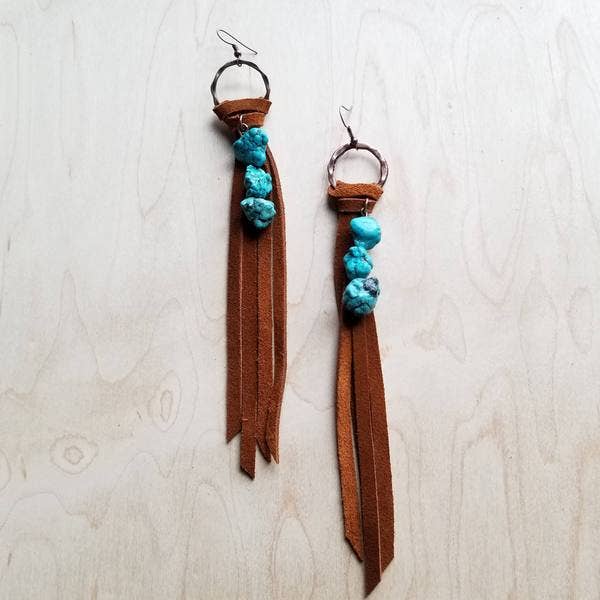 Leather Fringe Earrings with Turquoise Chunks Tan 223f