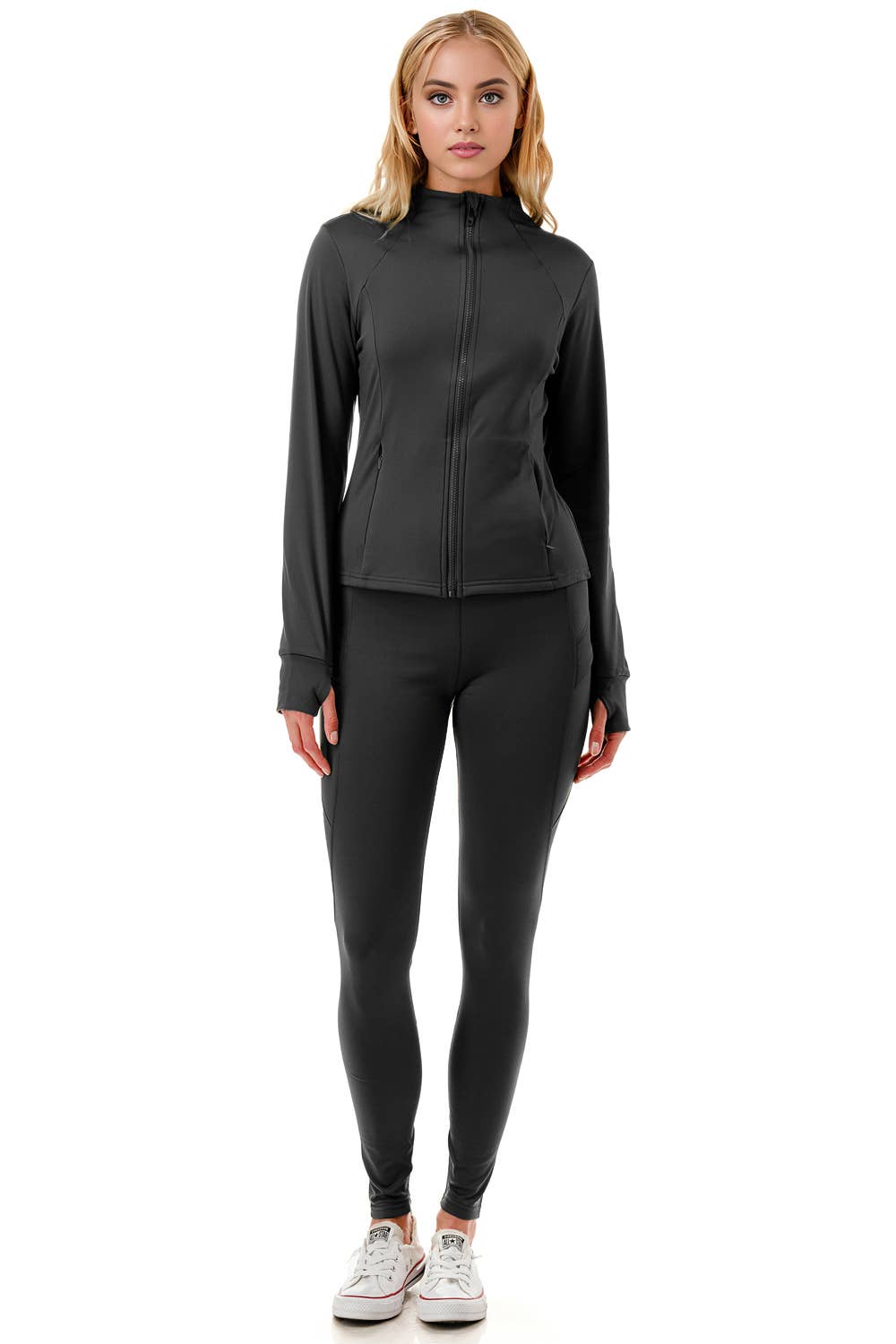 Fleece lined activewear define jacket with legging yoga set: Black