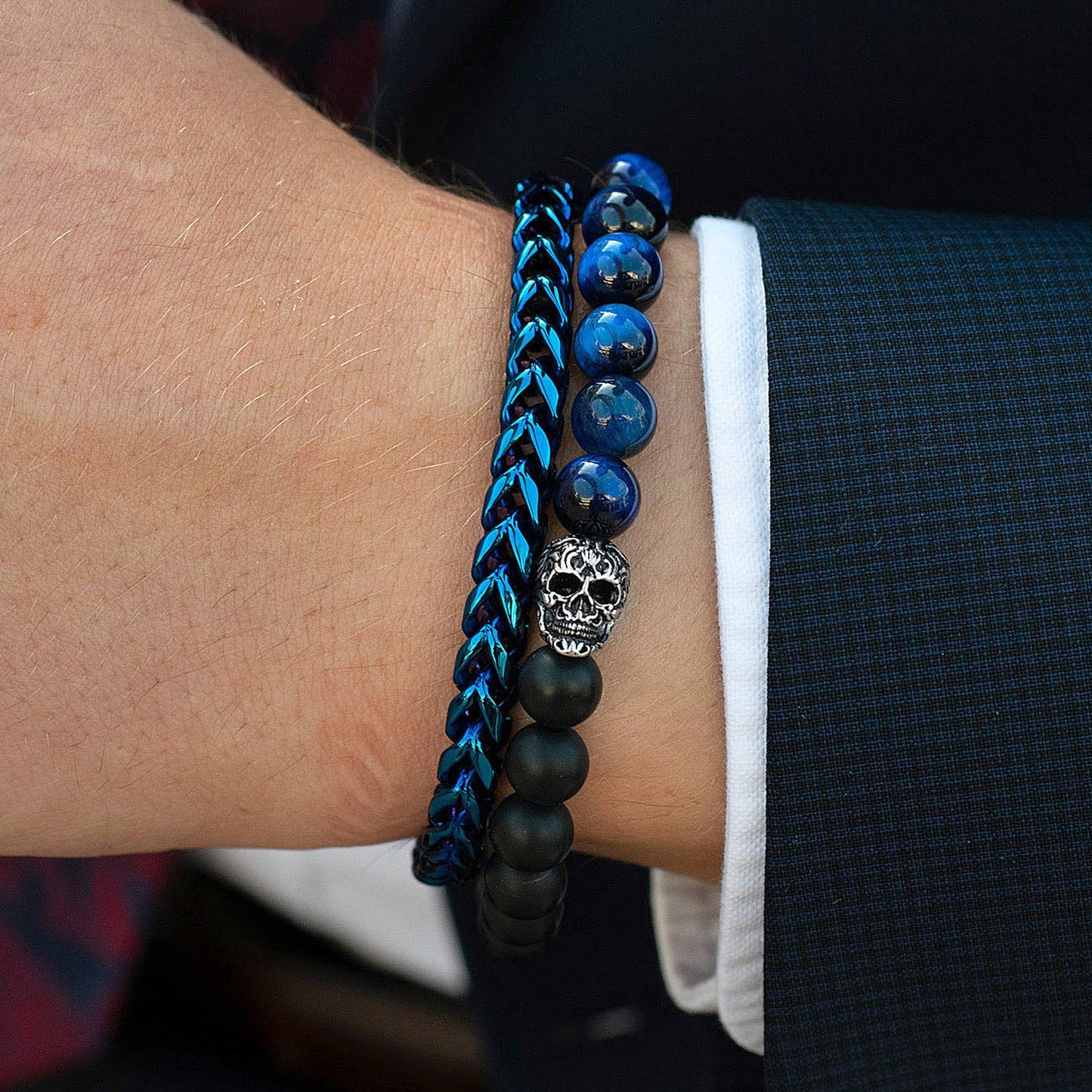 Crucible Polished Stainless Steel Franco Chain Bracelet: Blue