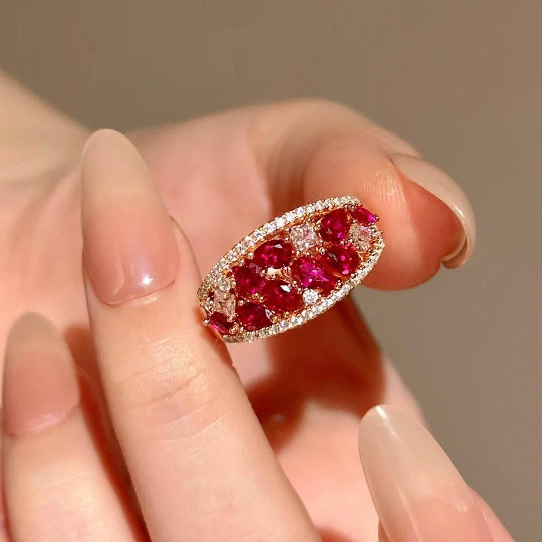 Pavé Crystal Floral Ring: Champagne / Red Corundum Pavé Ring / Adjustable