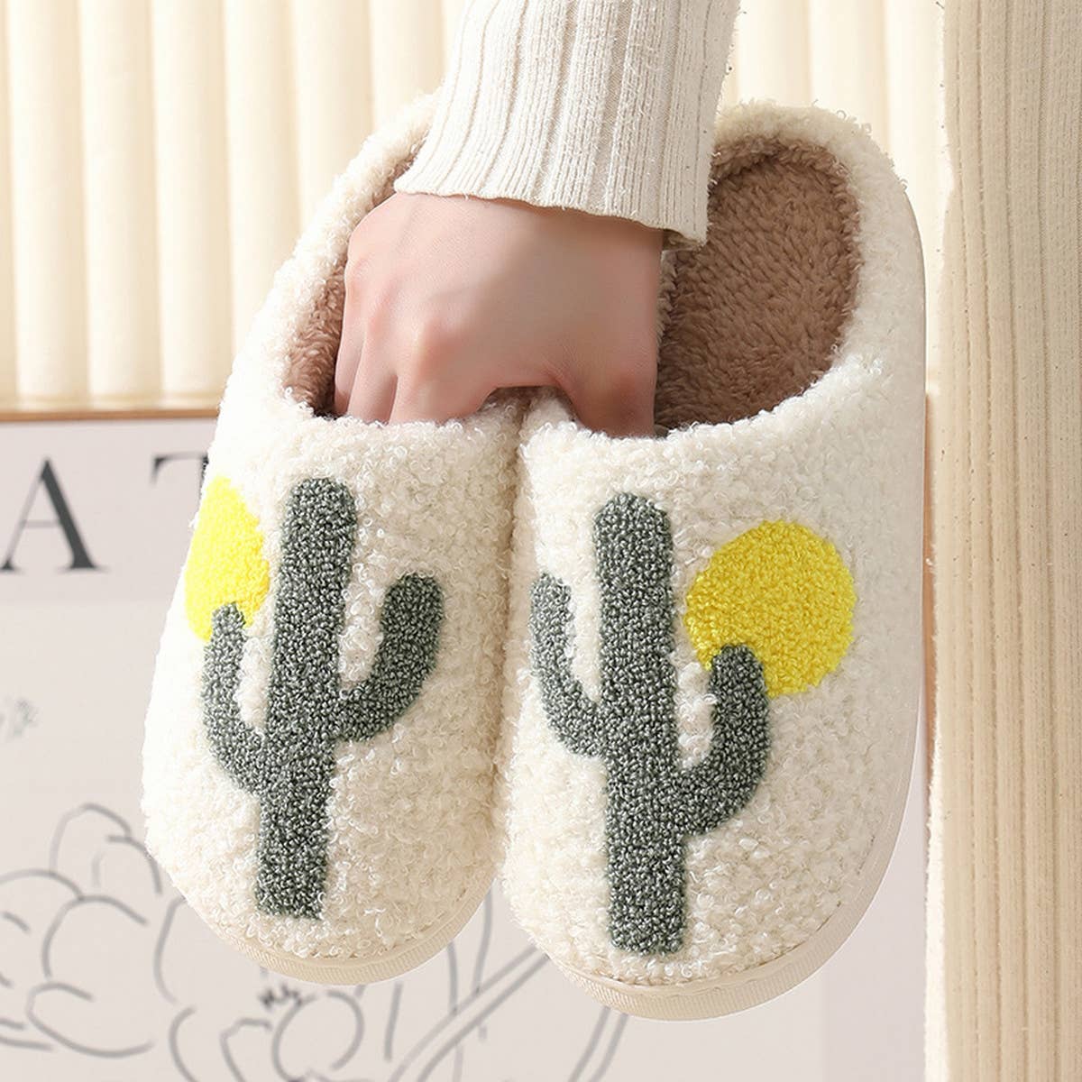 CACTUS PATTERN WARM COTTON SLIPPERS_CWSHS0285: White / (8) 1