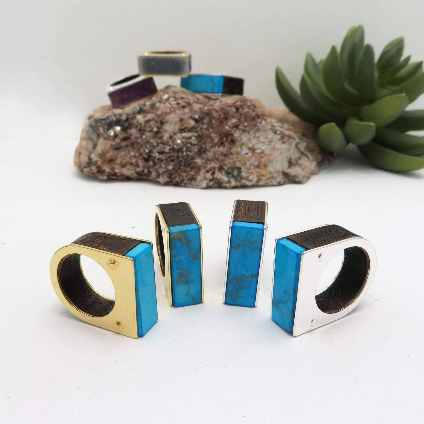 Crystal Stone Ring with Wood and Electroplated Edge: Silver / 8 / Turquoise howlite