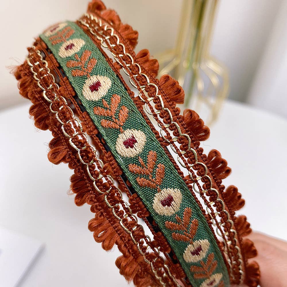 Boho Embroidered Floral Fabric Hair Bands: Black