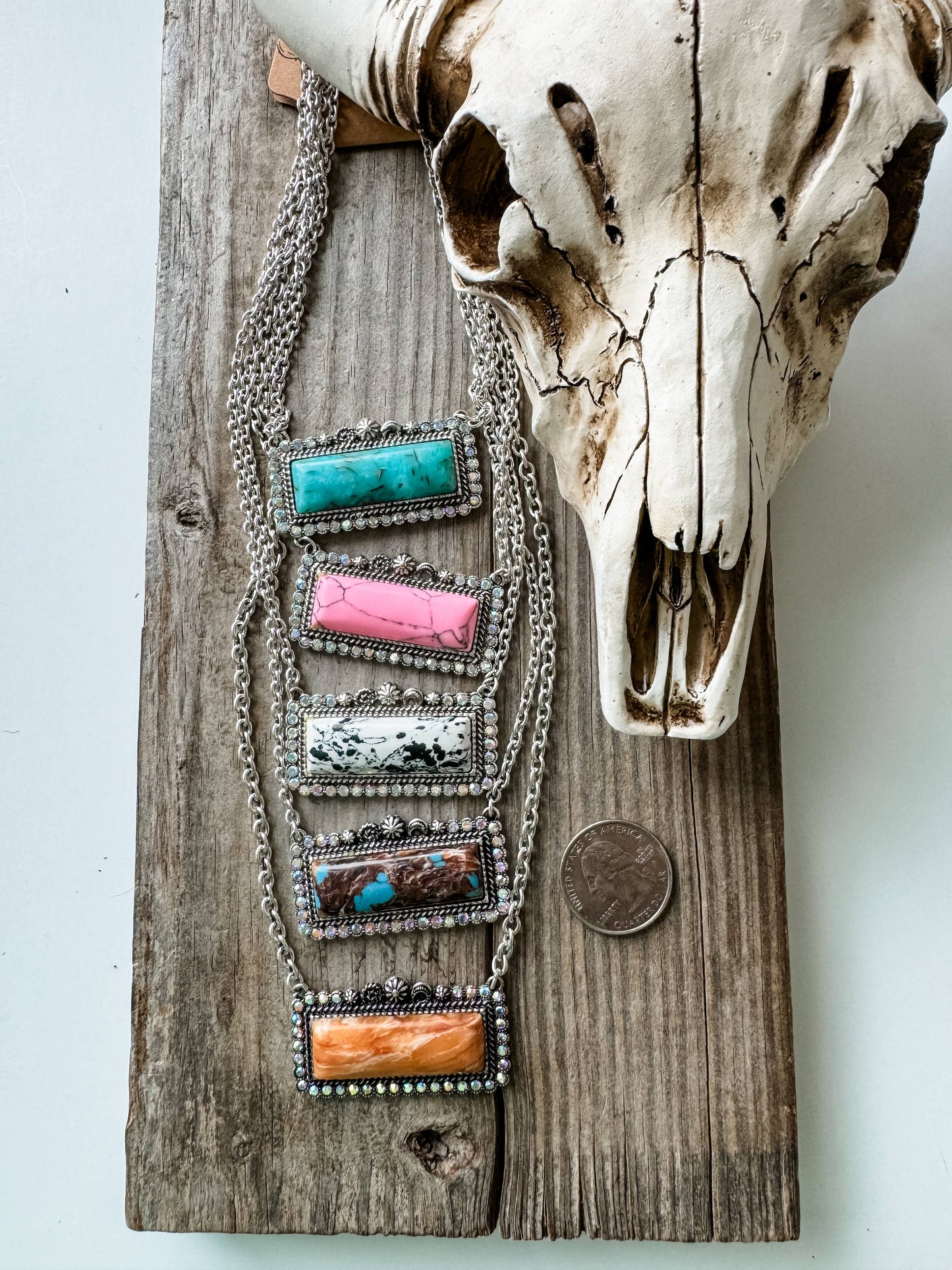 Western Semi Stone Bar Necklace - with Rhinestone edge: TURQUOISE/ BROWN