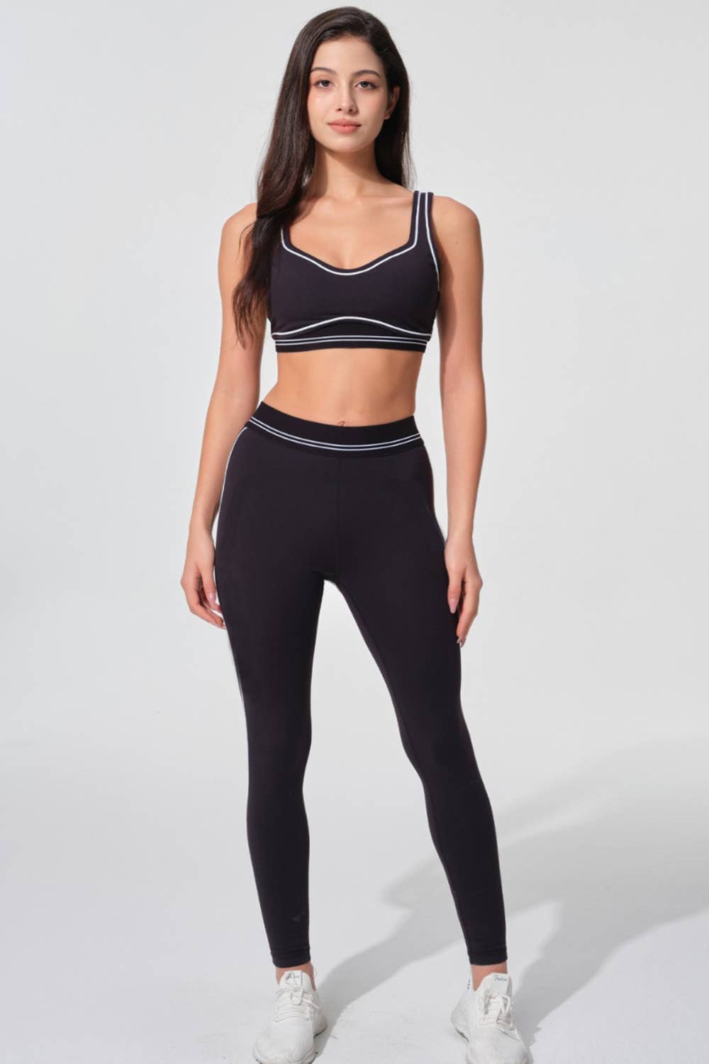 Premium sports bra with matching white trim line legging set: Black