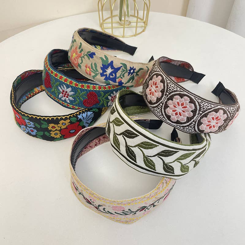 Bohemian Flower Embroidery Retro Non-Slip Hair Bands: Green