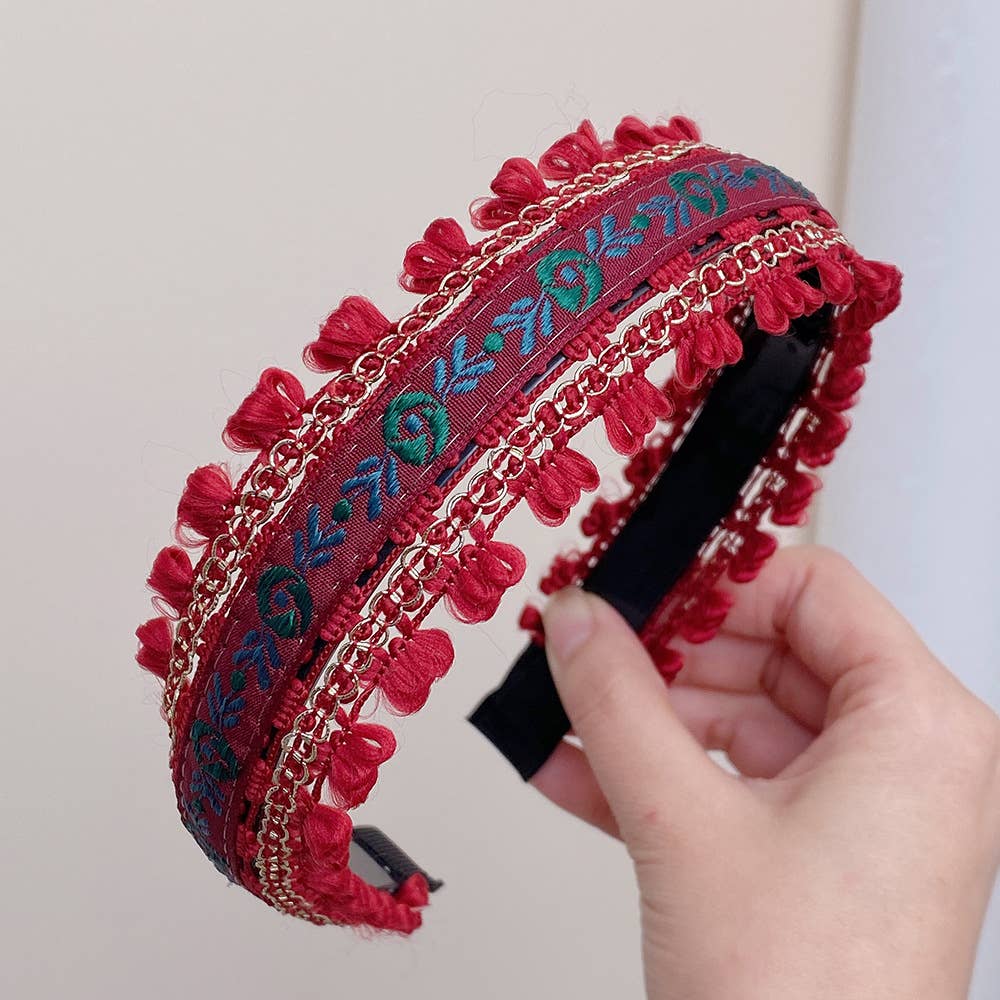 Boho Embroidered Floral Fabric Hair Bands: Brown-A
