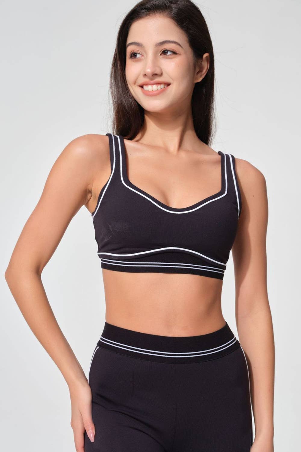Premium sports bra with matching white trim line legging set: Black
